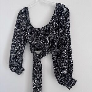 Altar'd State Black Polka Dot Tie Back Crop Top Small Puff Sleeve
